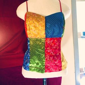 Vintage Silk Spaghetti Strap Top Cropped Patchwork